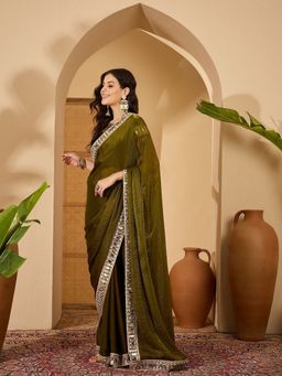 FABMORA - Women Olive Tissue Solid Saree with Unstitched Blouse