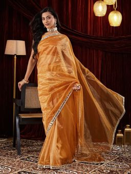 FABMORA - Women Gold Organza Solid Saree with Unstitched Blouse
