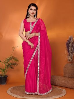 FABMORA - Women Pink Organza Solid Saree with Unstitched Blouse