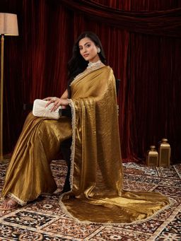 FABMORA - Women Gold Tissue Solid Saree with Unstitched Blouse