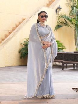 FABMORA - Women Grey Tissue Solid Saree with Unstitched Blouse