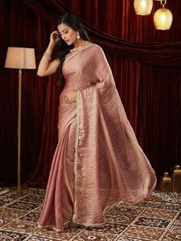 FABMORA - Women Mauve Tissue Solid Saree with Unstitched Blouse
