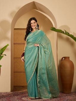 FABMORA - Women Green Tissue Solid Saree with Unstitched Blouse