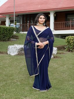 FABMORA - Women Blue Georgette Solid Saree with Unstitched Blouse