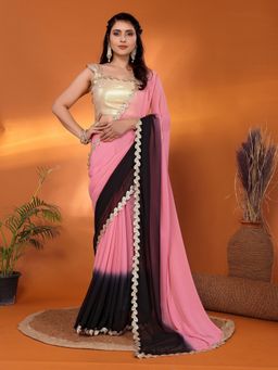 FABMORA - Women Black Georgette Solid Saree with Unstitched Blouse