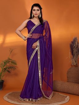 FABMORA - Women Purple Organza Solid Saree with Unstitched Blouse