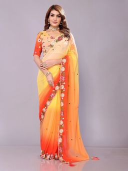 FABMORA - Women Orange Georgette Embroidered Saree with Unstitched Blouse