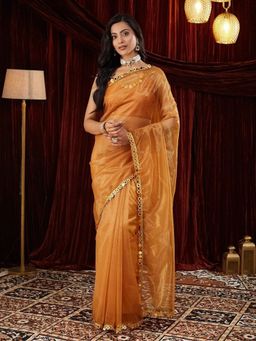 FABMORA - Women Gold Organza Solid Saree with Unstitched Blouse