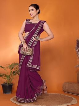 FABMORA - Women Purple Georgette Solid Saree with Unstitched Blouse