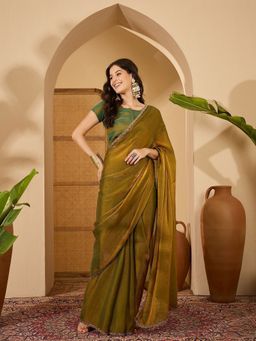 FABMORA - Women Gold Tissue Solid Saree with Unstitched Blouse