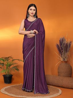 FABMORA - Women Wine Satin Embellished Saree with Unstitched Blouse