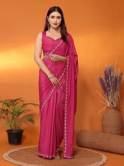 FABMORA - Women Pink Satin Embellished Saree with Unstitched Blouse