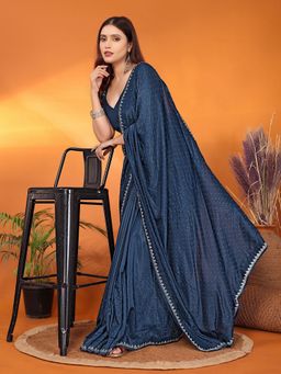 FABMORA - Women Blue Satin Embellished Saree with Unstitched Blouse