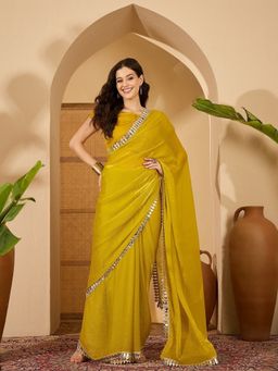 FABMORA - Women Mustard Tissue Solid Saree with Unstitched Blouse