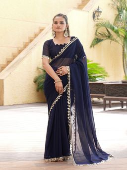 FABMORA - Women Blue Georgette Solid Saree with Unstitched Blouse
