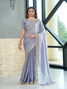 FABMORA - Women Grey Tissue Solid Saree with Unstitched Blouse