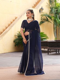 FABMORA - Women Blue Georgette Solid Saree with Unstitched Blouse