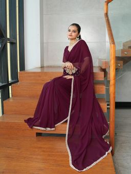 FABMORA - Women Wine Georgette Solid Saree with Unstitched Blouse