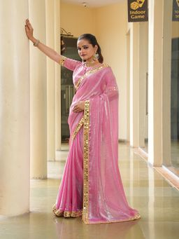 FABMORA - Women Pink Tissue Solid Saree with Unstitched Blouse