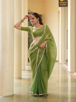 FABMORA - Women Green Tissue Solid Saree with Unstitched Blouse