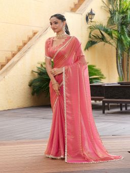 FABMORA - Women Pink Tissue Solid Saree with Unstitched Blouse
