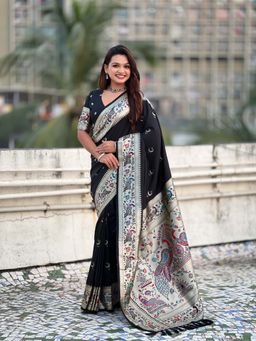 ELITE WEAVES - Chandrakor Black Paithani Silk Banarasi Zari Woven Saree with Unstitched Blouse