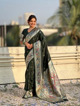 ELITE WEAVES - Chandrakor Olive Paithani Silk Banarasi Zari Woven Saree with Unstitched Blouse