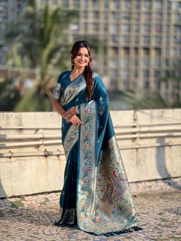 ELITE WEAVES - Chandrakor Paithani Silk Blue Banarasi Zari Woven Saree with Unstitched Blouse
