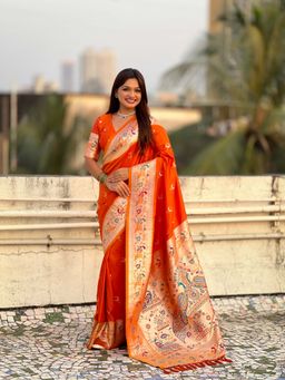ELITE WEAVES - Chandrakor Orange Paithani Silk Banarasi Zari Woven Saree with Unstitched Blouse