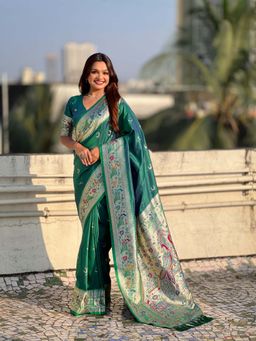ELITE WEAVES - Chandrakor Green Paithani Silk Banarasi Zari Woven Saree with Unstitched Blouse