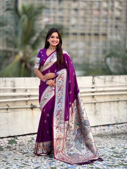 ELITE WEAVES - Chandrakor Purple Paithani Silk Banarasi Zari Woven Saree with Unstitched Blouse