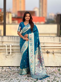 ELITE WEAVES - Chandrakor Teal Paithani Silk Banarasi Zari Woven Saree with Unstitched Blouse