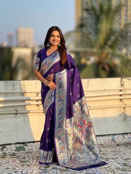ELITE WEAVES - Chandrakor Blue Paithani Silk Banarasi Zari Woven Saree with Unstitched Blouse