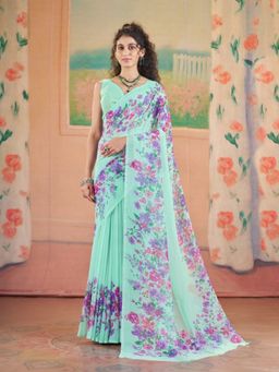 Garden VARELI - Women Turquoise Georgette Floral Printed Saree with Unstitched Blouse