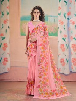 Garden VARELI - Women Pink Georgette Floral Printed Saree with Unstitched Blouse