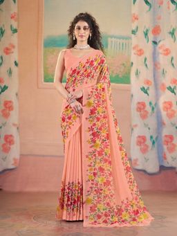 Garden VARELI - Women Peach Georgette Floral Printed Saree with Unstitched Blouse