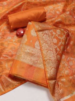 MEENA BAZAAR - Chanderi Orange Woven Unstitched Kurta with Unstitched Pant and Dupatta