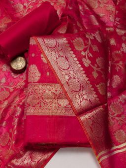 MEENA BAZAAR - Chanderi Pink Zari Woven Unstitched Kurta with Unstitched Pant and Dupatta