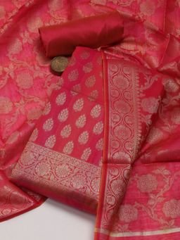 MEENA BAZAAR - Chanderi Zari Woven Pink Unstitched Kurta with Unstitched Pant and Dupatta