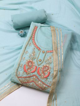 MEENA BAZAAR - Chanderi Blue Embroidered Unstitched Kurta with Unstitched Pant and Dupatta
