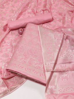 MEENA BAZAAR - Chanderi Pink Women Woven Unstitched Kurta with Unstitched Pant and Dupatta