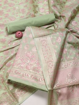 MEENA BAZAAR - Chanderi Woven Green Unstitched Kurta with Unstitched Pant and Dupatta