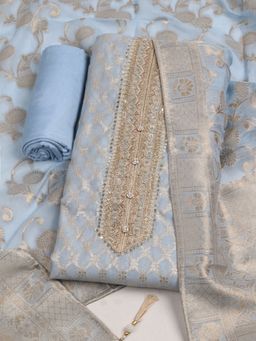 MEENA BAZAAR - Woven Chanderi Blue Unstitched Kurta with Unstitched Pant and Dupatta