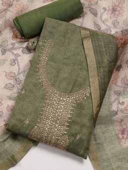 MEENA BAZAAR - Chanderi Green Embroidered Unstitched Kurta with Unstitched Pant and Dupatta