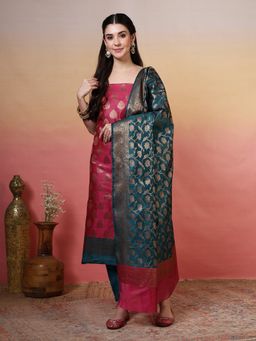 MEENA BAZAAR - Woven Chanderi Pink Unstitched Kurta with Unstitched Pant and Dupatta