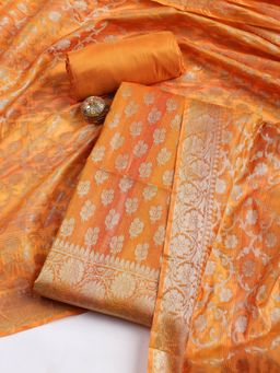 MEENA BAZAAR - Chanderi Orange Woven Zari Unstitched Kurta with Unstitched Pant and Dupatta