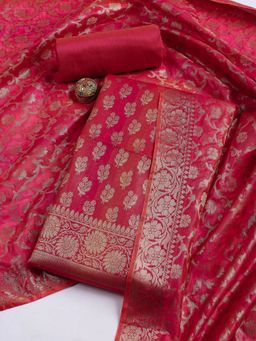 MEENA BAZAAR - Women Chanderi Pink Woven Unstitched Kurta with Unstitched Pant and Dupatta