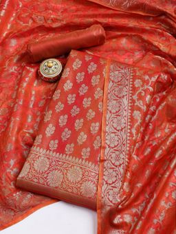 MEENA BAZAAR - Woven Chanderi Orange Woven Unstitched Kurta with Unstitched Pant and Dupatta