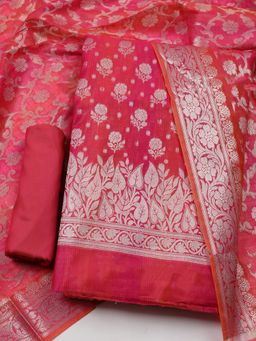 MEENA BAZAAR - Women Chanderi Pink Woven Unstitched Kurta with Unstitched Pant and Dupatta