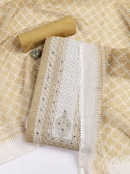 MEENA BAZAAR - Linen Beige Embroidered Unstitched Kurta with Unstitched Pant and Dupatta